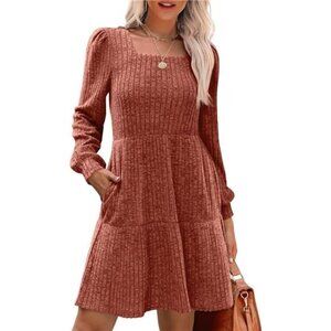 Womens Square Neck Long Sleeve Fall‎ Dresses Casual Babydoll Sweater Dress